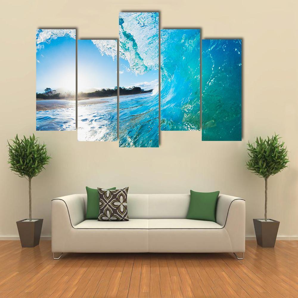 Turquoise Ocean Wave Canvas Wall Art-5 Pop-Gallery Wrap-47" x 32"-Tiaracle