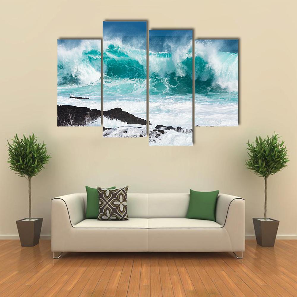 Turquoise Rolling Wave Slaming On The Rocks Of The Coastline Canvas Wall Art-4 Pop-Gallery Wrap-50" x 32"-Tiaracle