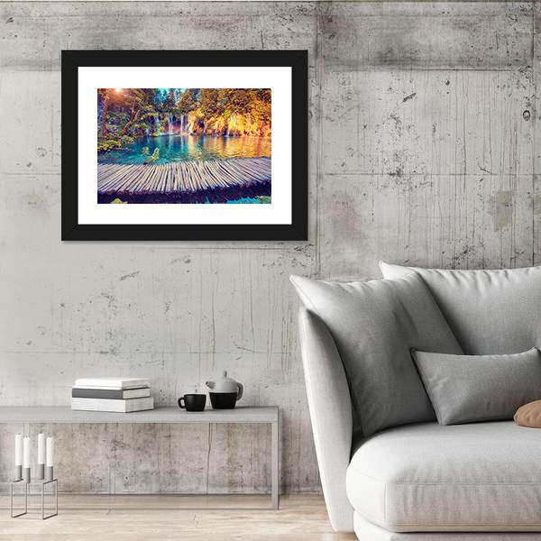 Turquoise Water And Sunny Beams In Plitvice Lakes Canvas Wall Art-5 Horizontal-Gallery Wrap-22" x 12"-Tiaracle