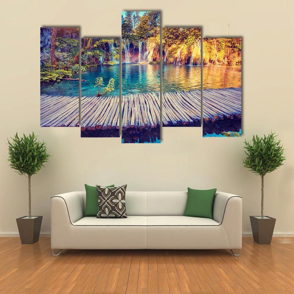 Turquoise Water And Sunny Beams In Plitvice Lakes Canvas Wall Art-5 Pop-Gallery Wrap-47" x 32"-Tiaracle