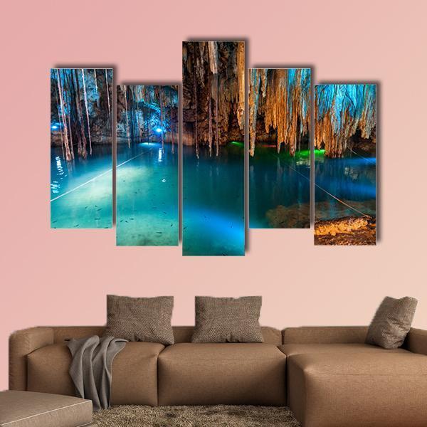 Turquoise Waters And Large Stalactites In Mexico Canvas Wall Art-5 Pop-Gallery Wrap-47" x 32"-Tiaracle