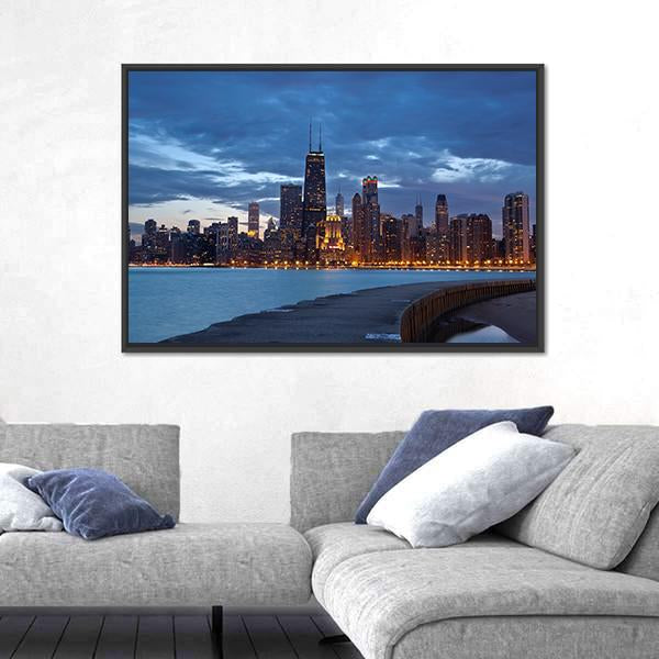 Twilight Blue Hour At Chicago City Panoramic Canvas Wall Art-1 Piece-36" x 12"-Tiaracle
