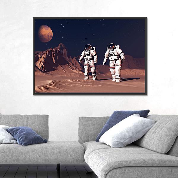 Two Astronauts On Mars Canvas Wall Art-1 Piece-Floating Frame-24" x 16"-Tiaracle