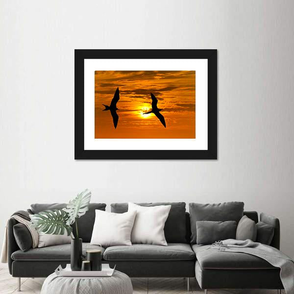 Two Birds Flying Silhouette At Sunset Canvas Wall Art-1 Piece-Framed Print-20" x 16"-Tiaracle