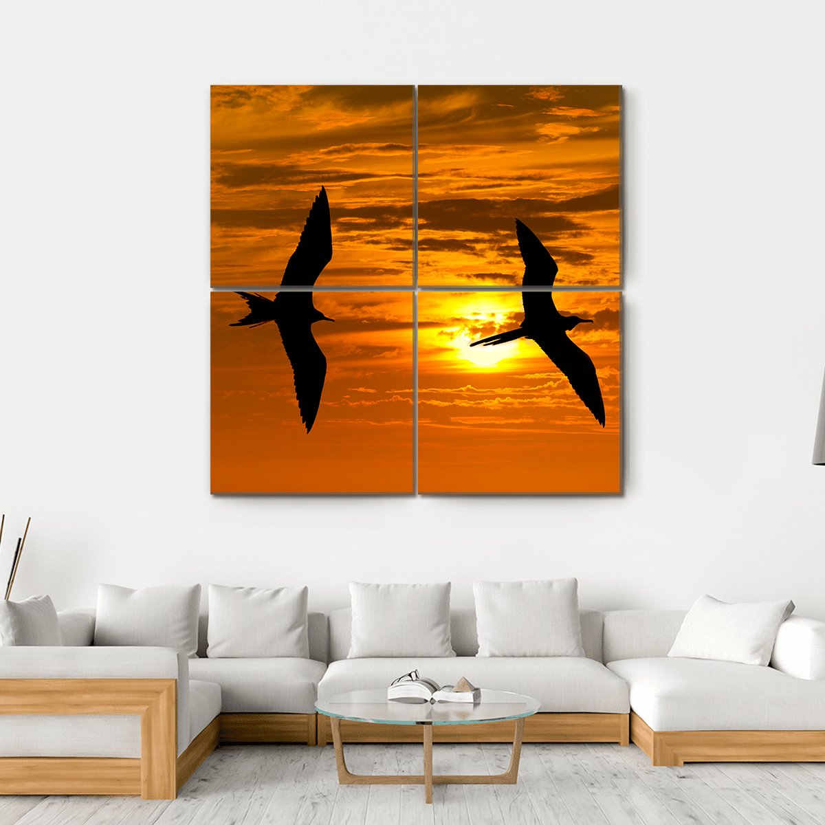 Two Birds Flying Silhouette At Sunset Canvas Wall Art-4 Square-Gallery Wrap-17" x 17"-Tiaracle