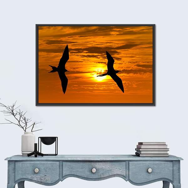 Two Birds Flying Silhouette At Sunset Canvas Wall Art-5 Horizontal-Gallery Wrap-22" x 12"-Tiaracle