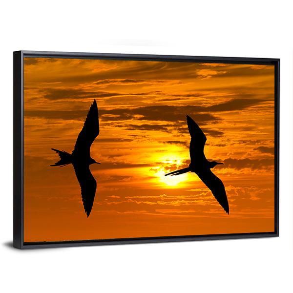 Two Birds Flying Silhouette At Sunset Canvas Wall Art-3 Horizontal-Gallery Wrap-25" x 16"-Tiaracle