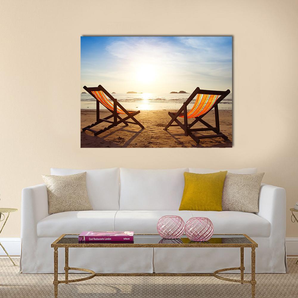 Two Deck Chairs At Beach Canvas Wall Art-1 Piece-Gallery Wrap-48" x 32"-Tiaracle
