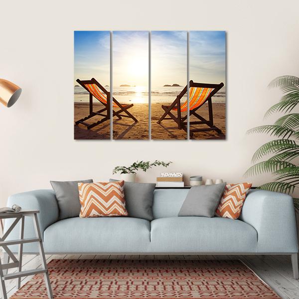 Two Deck Chairs At Beach Canvas Wall Art-4 Horizontal-Gallery Wrap-34" x 24"-Tiaracle