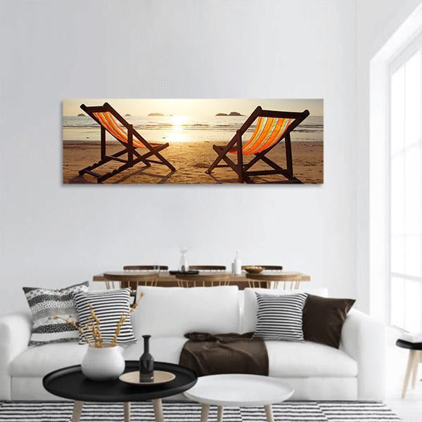 Two Deck Chairs On Beach Panoramic Canvas Wall Art-1 Piece-36" x 12"-Tiaracle