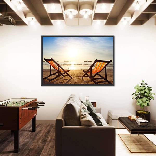 Two Deck Chairs On Beach Panoramic Canvas Wall Art-1 Piece-36" x 12"-Tiaracle