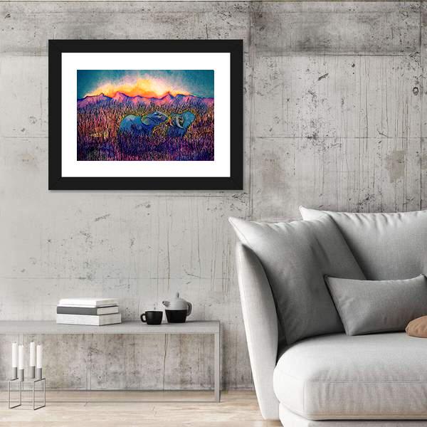 Two Elephants In The Savannah Canvas Wall Art-3 Horizontal-Gallery Wrap-25" x 16"-Tiaracle