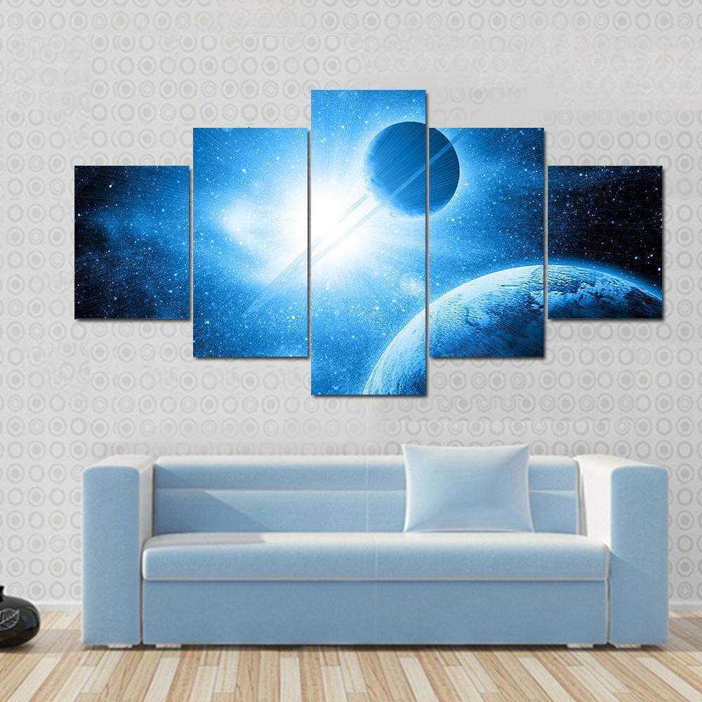 Two Planets Against The Sun In Deep Space Canvas Wall Art-5 Star-Gallery Wrap-62" x 32"-Tiaracle