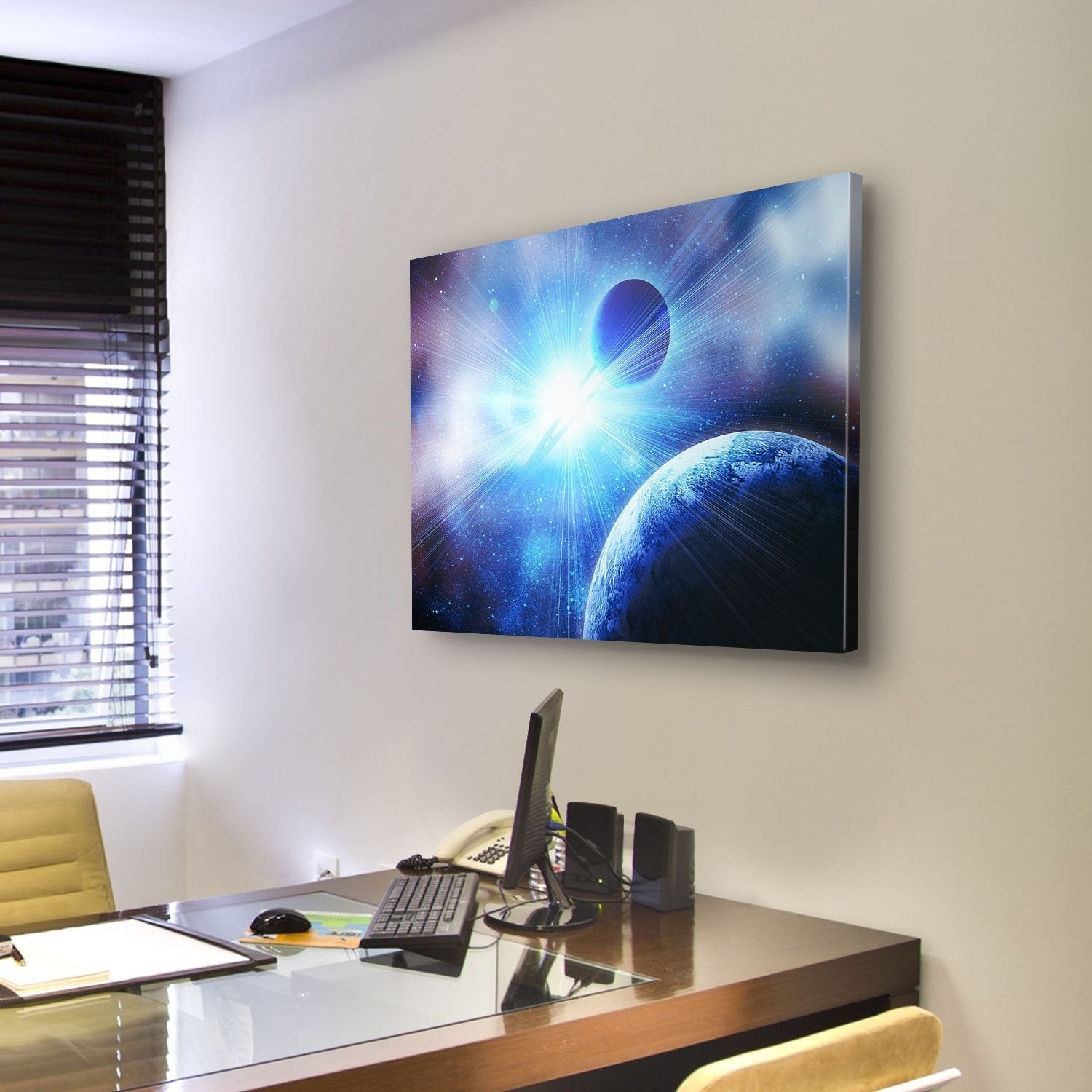 Two Planets With Bright Stars Canvas Wall Art-3 Horizontal-Gallery Wrap-25" x 16"-Tiaracle