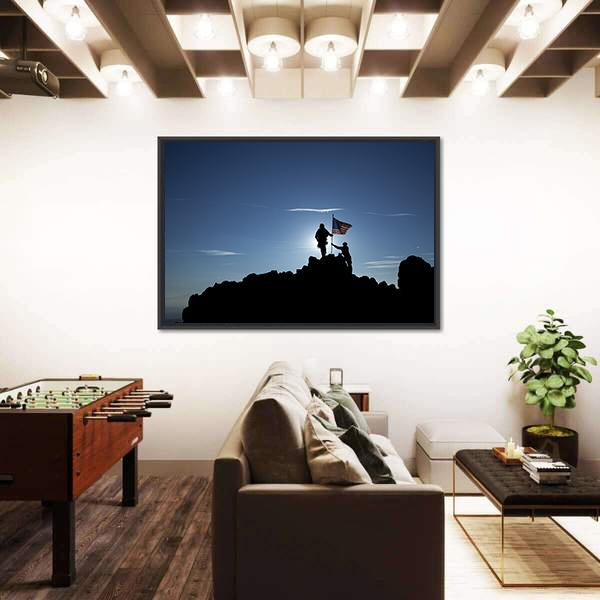 Two Soldiers Raise The American Flag Panoramic Canvas Wall Art-1 Piece-36" x 12"-Tiaracle
