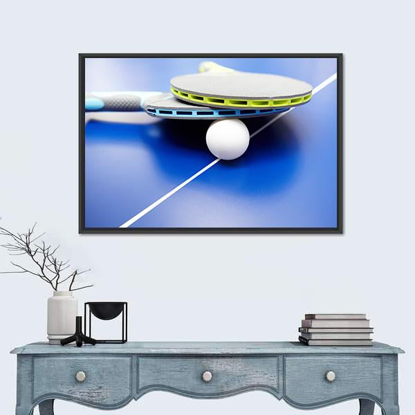Two Table Tennis Or Rackets And Balls On A Blue Table With Net Canvas Wall Art-5 Horizontal-Gallery Wrap-22" x 12"-Tiaracle