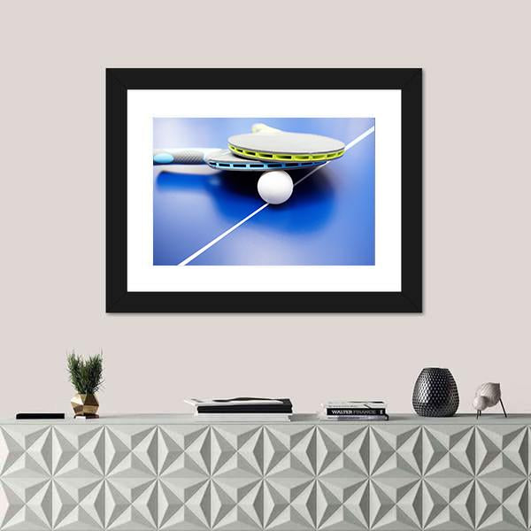 Two Table Tennis Or Rackets And Balls On A Blue Table With Net Canvas Wall Art-5 Horizontal-Gallery Wrap-22" x 12"-Tiaracle