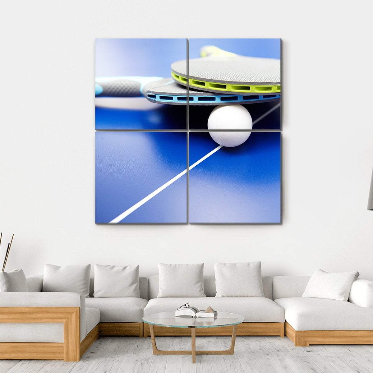 Two Table Tennis Or Rackets And Balls On A Blue Table With Net Canvas Wall Art-4 Square-Gallery Wrap-17" x 17"-Tiaracle
