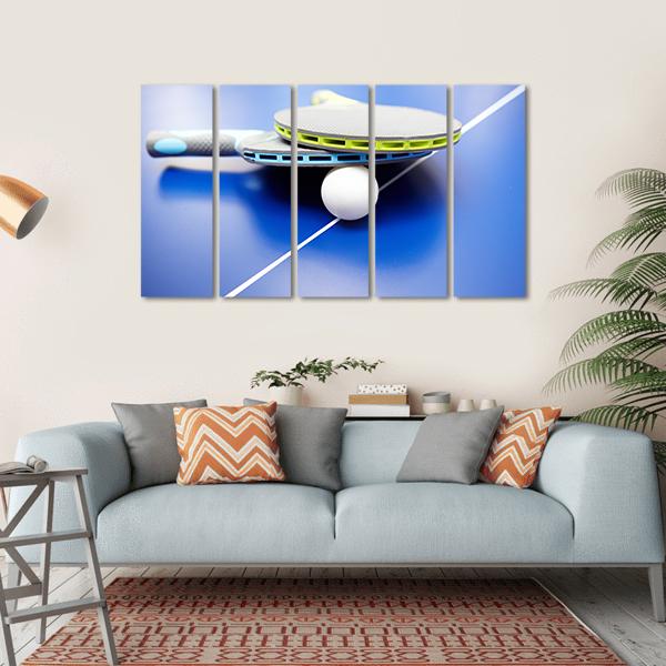 Two Table Tennis Or Rackets And Balls On A Blue Table With Net Canvas Wall Art-5 Horizontal-Gallery Wrap-22" x 12"-Tiaracle