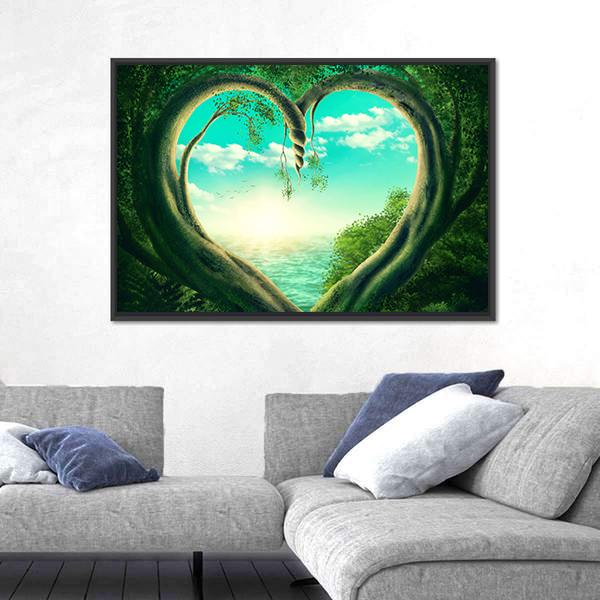 Two Trees Forming A Heart Canvas Wall Art-1 Piece-Floating Frame-24" x 16"-Tiaracle