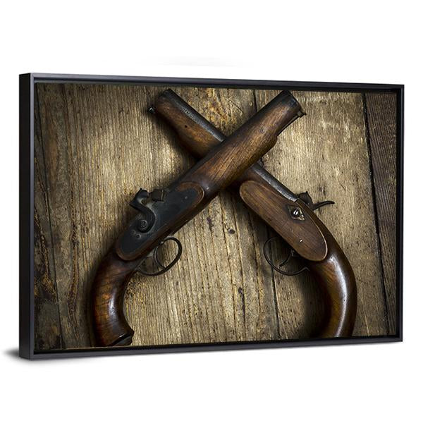 Two Vintage Pistols On Wooden Table Canvas Wall Art-3 Horizontal-Gallery Wrap-25" x 16"-Tiaracle