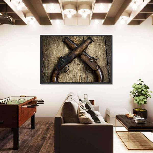 Two Vintage Pistols On Wooden Table Canvas Wall Art-5 Horizontal-Gallery Wrap-22" x 12"-Tiaracle