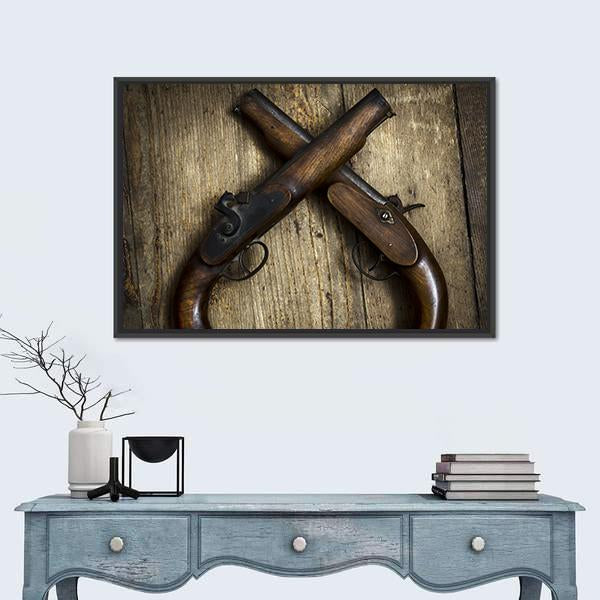Two Vintage Pistols On Wooden Table Canvas Wall Art-3 Horizontal-Gallery Wrap-25" x 16"-Tiaracle