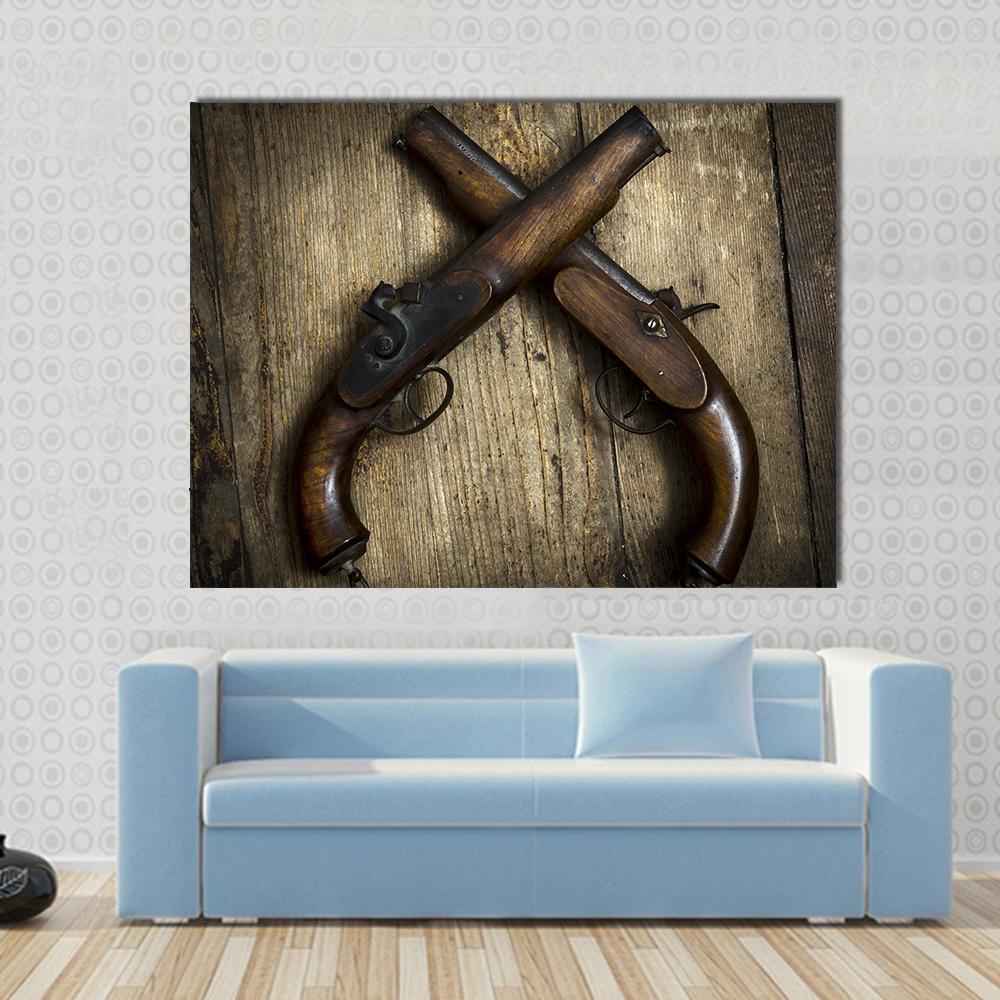 Two Vintage Pistols On Wooden Table Canvas Wall Art-1 Piece-Gallery Wrap-36" x 24"-Tiaracle