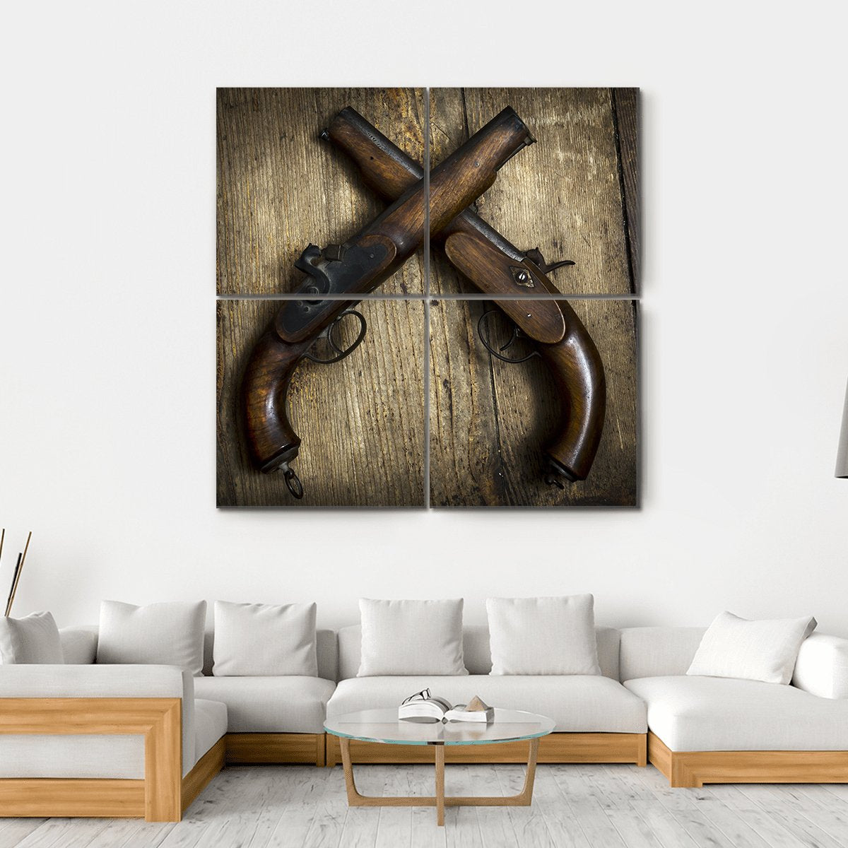 Two Vintage Pistols On Wooden Table Canvas Wall Art-4 Square-Gallery Wrap-17" x 17"-Tiaracle