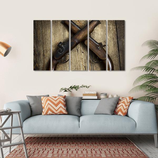 Two Vintage Pistols On Wooden Table Canvas Wall Art-5 Horizontal-Gallery Wrap-22" x 12"-Tiaracle