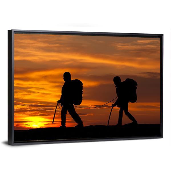 Two Walking Rock Climbers On Sunset Sky Canvas Wall Art-3 Horizontal-Gallery Wrap-25" x 16"-Tiaracle
