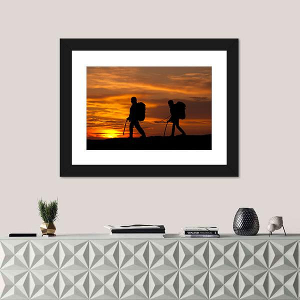 Two Walking Rock Climbers On Sunset Sky Canvas Wall Art-3 Horizontal-Gallery Wrap-25" x 16"-Tiaracle