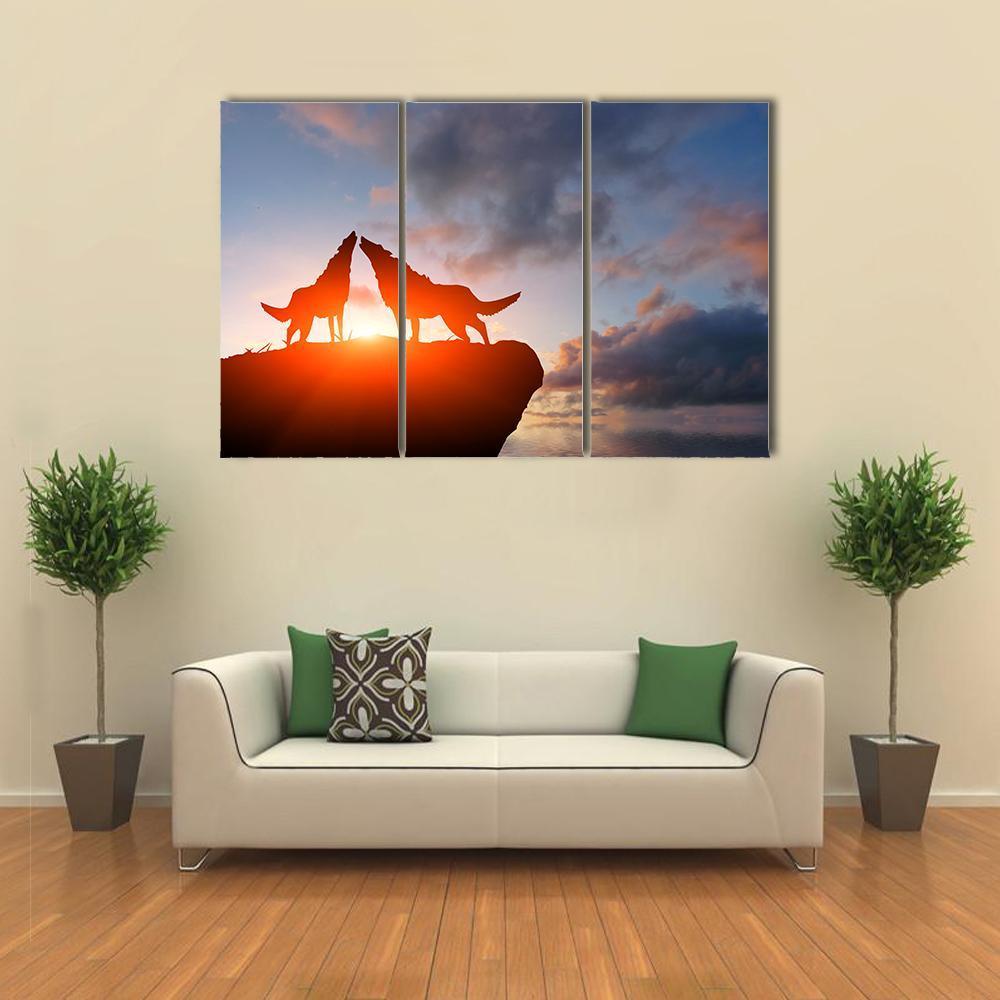 Two Wolves Pack On A Mountain Top Canvas Wall Art-3 Horizontal-Gallery Wrap-37" x 24"-Tiaracle
