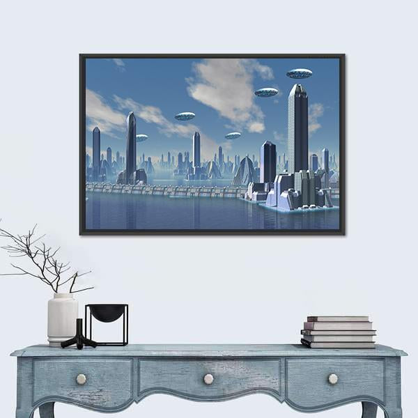 UFO Over Futuristic Alien City Canvas Wall Art-3 Horizontal-Gallery Wrap-25" x 16"-Tiaracle