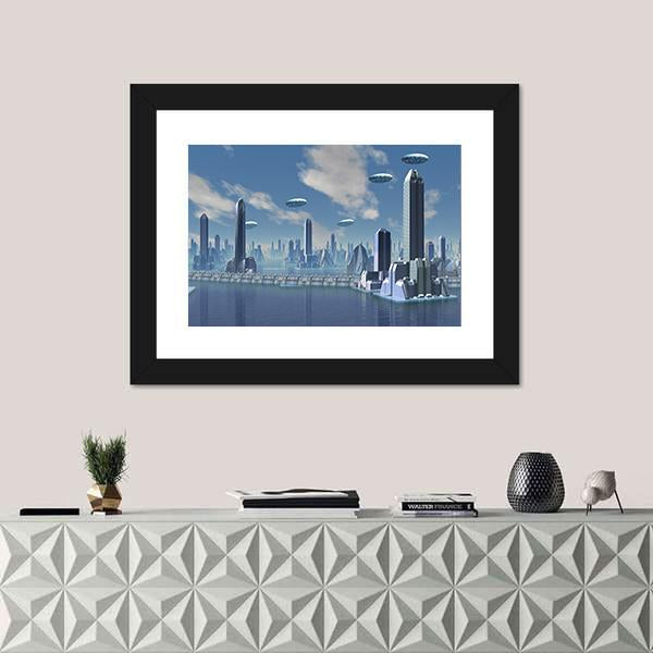 UFO Over Futuristic Alien City Canvas Wall Art-3 Horizontal-Gallery Wrap-25" x 16"-Tiaracle