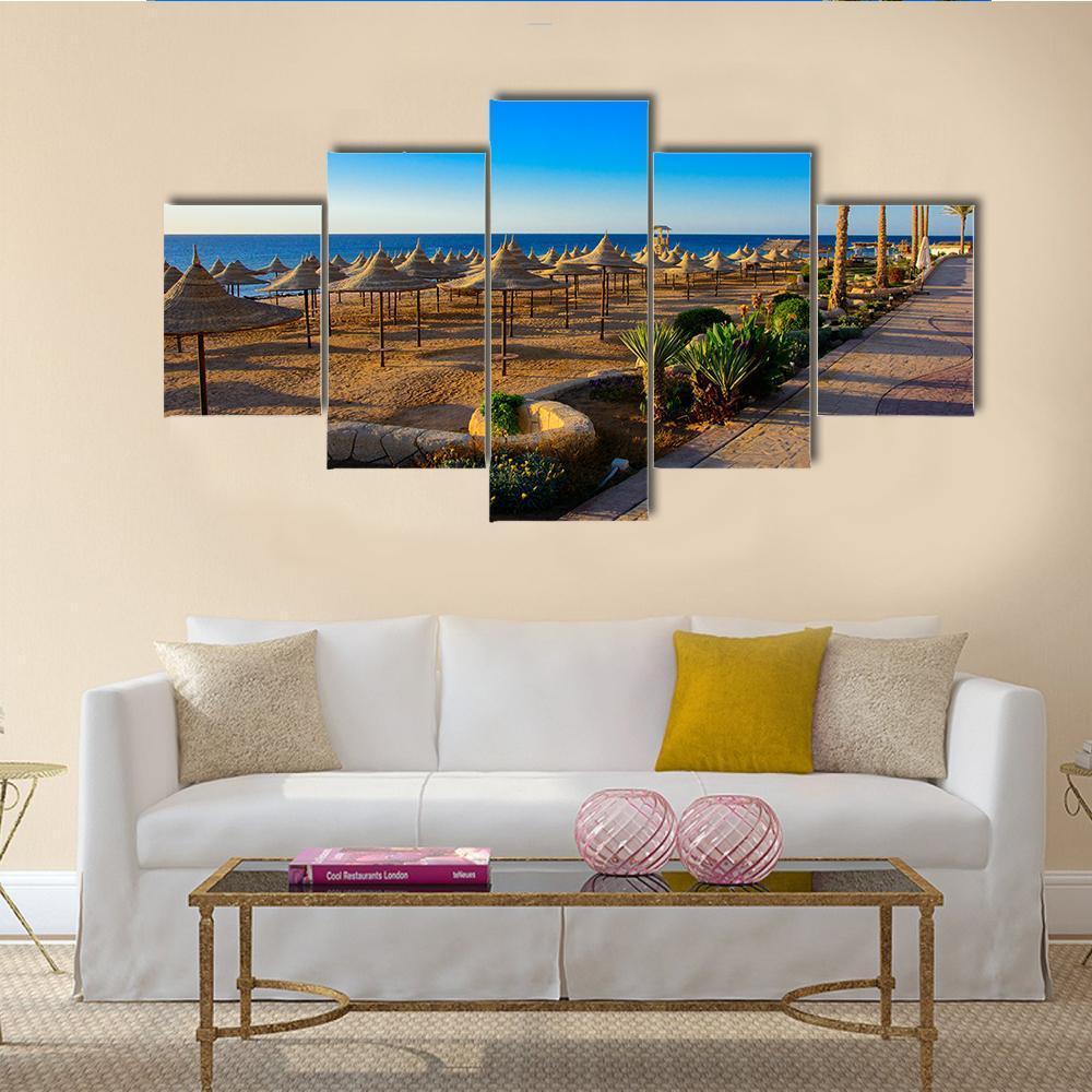 Umbrellas On Sandy Beach Canvas Wall Art-5 Star-Gallery Wrap-62" x 32"-Tiaracle