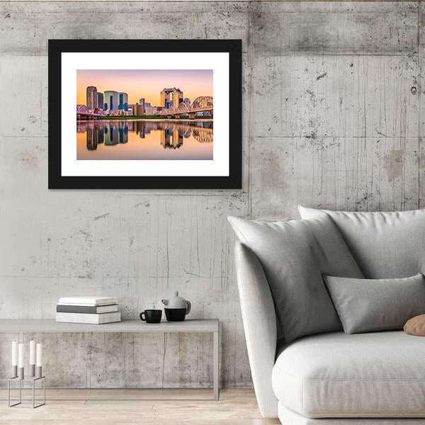 Umeda District Cityscape Panorama On Yodogawa River Canvas Wall Art-3 Horizontal-Gallery Wrap-25" x 16"-Tiaracle