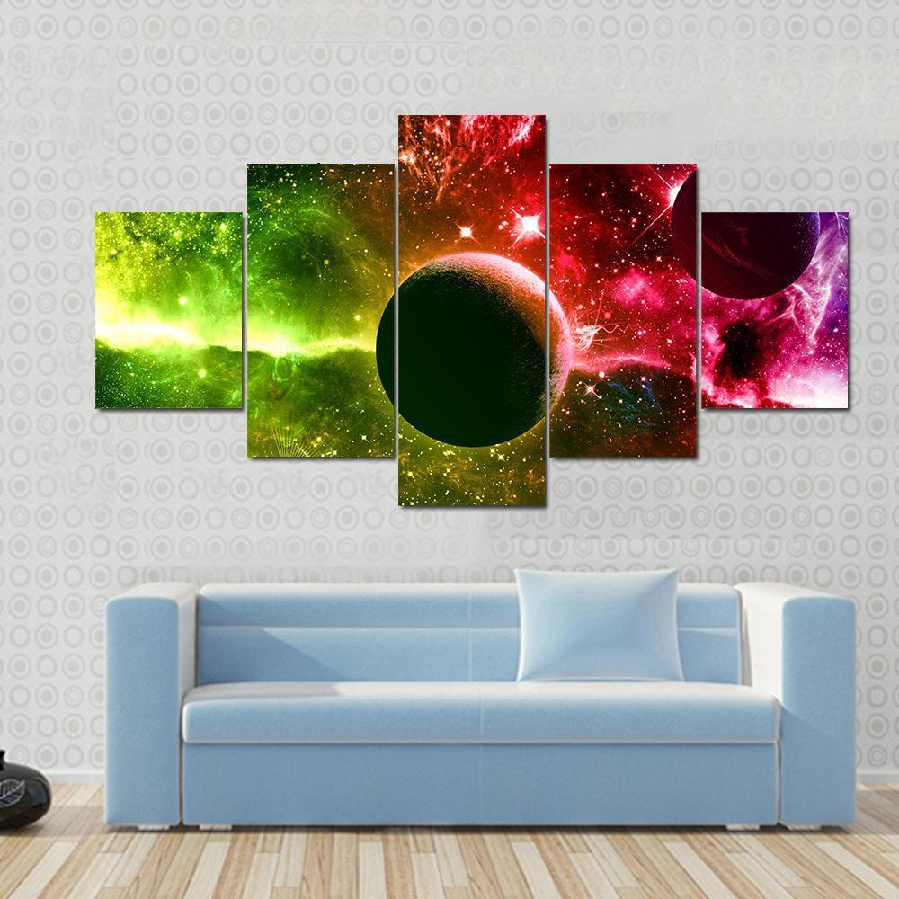 Universe Galaxy Nebula Stars And Planets Canvas Wall Art-5 Star-Gallery Wrap-62" x 32"-Tiaracle