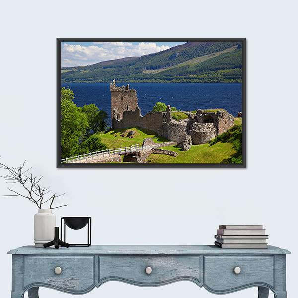 Urquhart Castle Near Loch Ness Lake Canvas Wall Art-1 Piece-Floating Frame-36" x 24"-Tiaracle