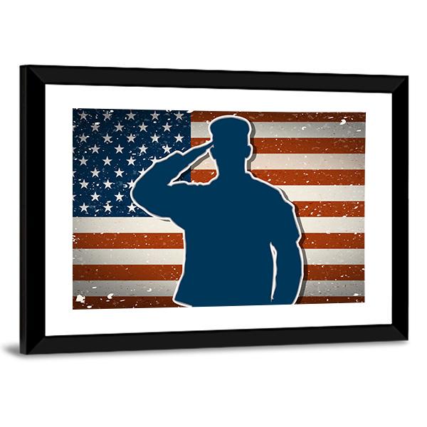 US Army Soldier Saluting On American Flag Canvas Wall Art-5 Horizontal-Gallery Wrap-22" x 12"-Tiaracle