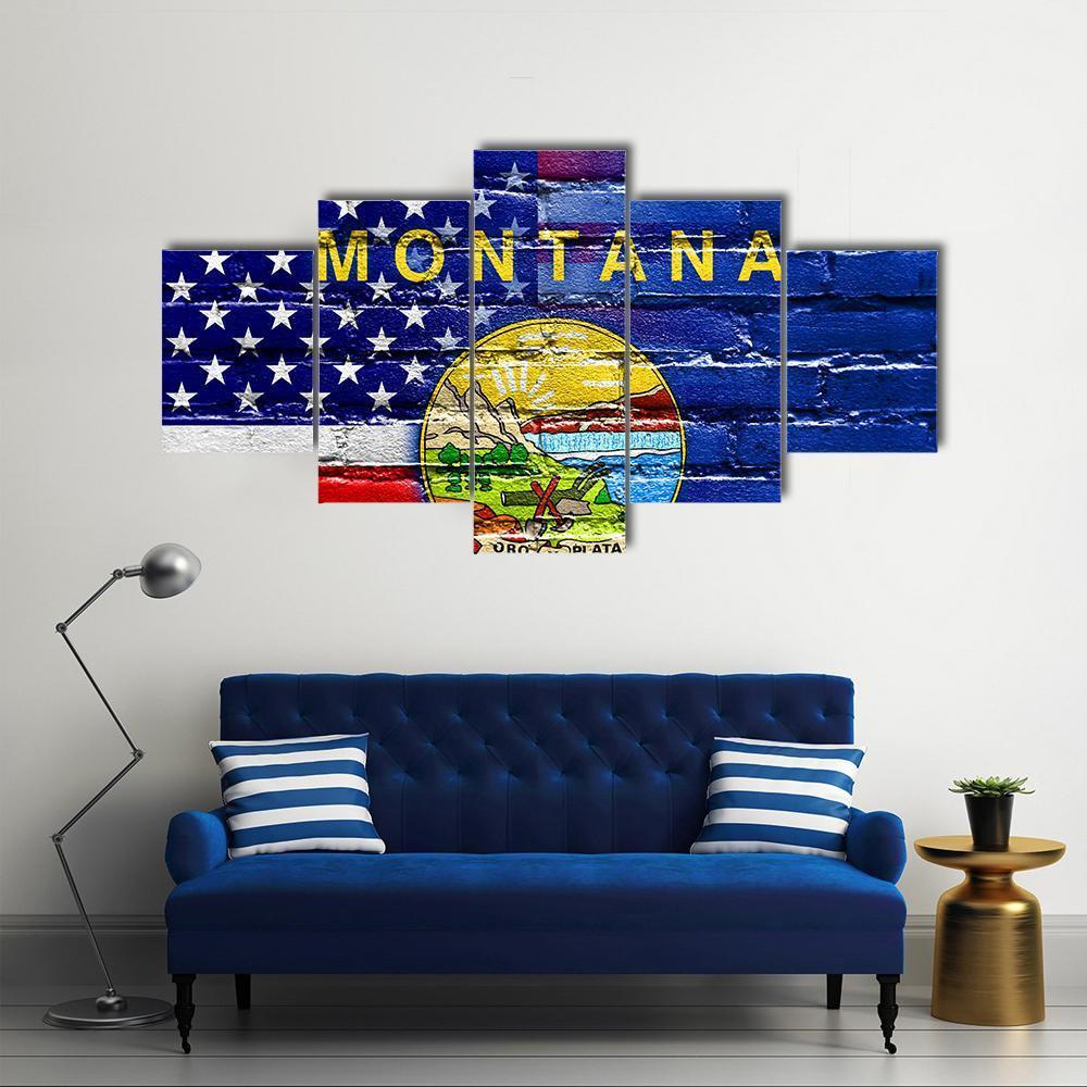 USA And Montana State Flag Canvas Wall Art-5 Star-Gallery Wrap-62" x 32"-Tiaracle