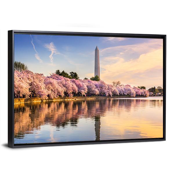 USA At Tidal Basin With Washington Monument Canvas Wall Art-3 Horizontal-Gallery Wrap-25" x 16"-Tiaracle