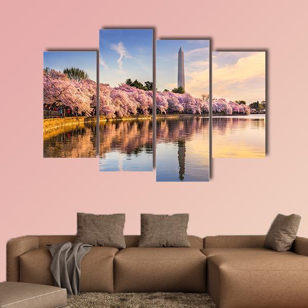 USA At Tidal Basin With Washington Monument Canvas Wall Art-4 Pop-Gallery Wrap-50" x 32"-Tiaracle