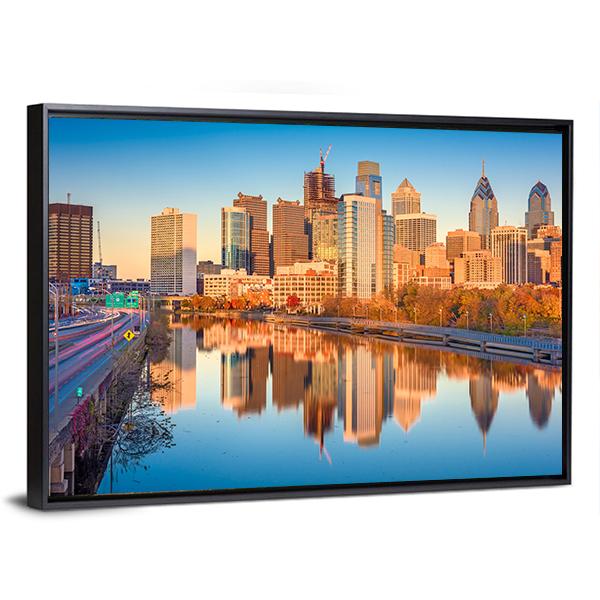 USA Downtown City Skyline On Schuylkill River Canvas Wall Art-3 Horizontal-Gallery Wrap-25" x 16"-Tiaracle