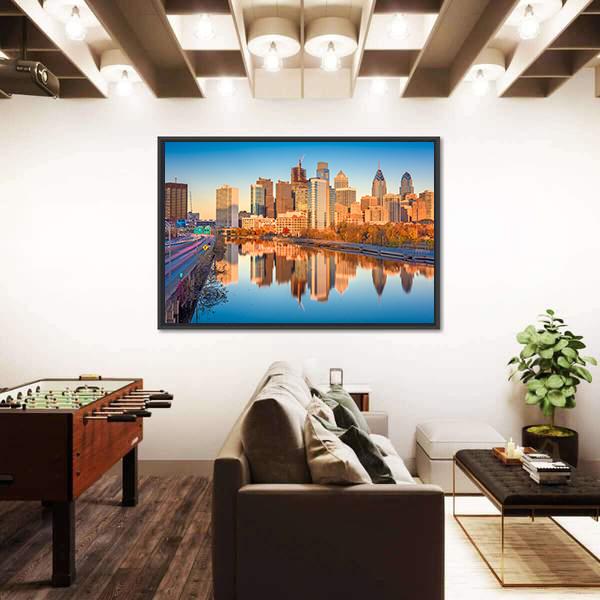 USA Downtown City Skyline On Schuylkill River Canvas Wall Art-3 Horizontal-Gallery Wrap-25" x 16"-Tiaracle