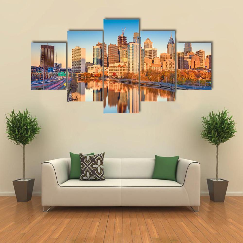 USA Downtown City Skyline On Schuylkill River Canvas Wall Art-5 Star-Gallery Wrap-62" x 32"-Tiaracle