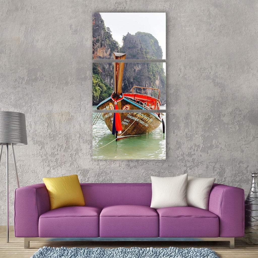 Vacations Boat In Sea Rock Thailand Vertical Canvas Wall Art-3 Vertical-Gallery Wrap-12" x 25"-Tiaracle