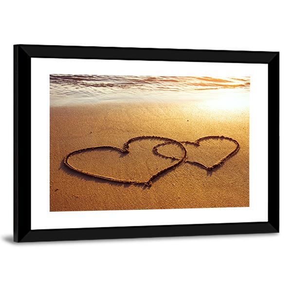 Valentine's Day Greetings On The Sand Two Hearts Canvas Wall Art-5 Horizontal-Gallery Wrap-22" x 12"-Tiaracle
