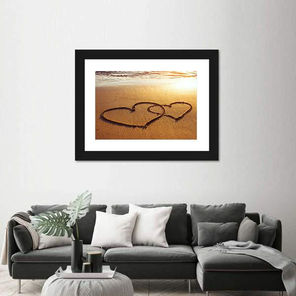 Valentine's Day Greetings On The Sand Two Hearts Canvas Wall Art-5 Horizontal-Gallery Wrap-22" x 12"-Tiaracle