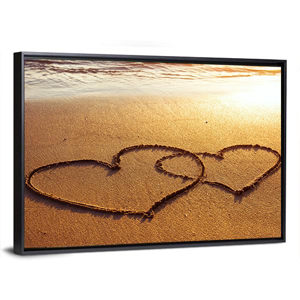 Valentine's Day Greetings On The Sand Two Hearts Canvas Wall Art-5 Horizontal-Gallery Wrap-22" x 12"-Tiaracle